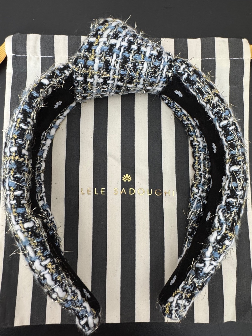 Lele Sadoughi Knotted Tweed Headband in navy, Light Blue & White